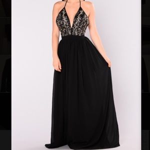 Black and Gold Embroidered Maxi Sleeveless Dress